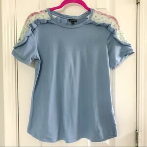 HANNAH • Blue Ruffle Sleeves Floral Mesh Shoulder Top